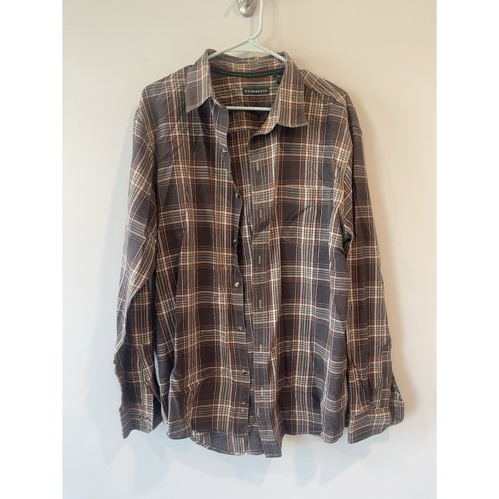 GH Bass & Co Men's Button Up Shirt Brown Orange Long Sleeve Plaid XL